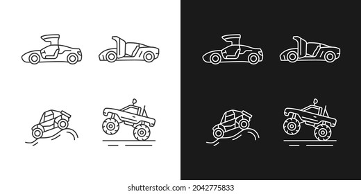 Lineare Symbole für den Dunkel- und Lichtmodus mit speziell angepassten Fahrzeugen. Scharniermechanismus. Geländerennen. Anpassbare Thin-Line-Symbole. Einzige Vektorgrafik-Rahmenillustrationen. Bearbeitbarer Hub