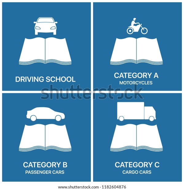 Driving\
studying icons: driving school, category A (motorcycles), category\
B (passenger cars), category C (cargo\
cars).