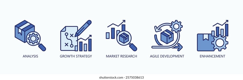 Driving Success Icon Set Isolated Vector With Icon Of Analysis, Growth Strategy, Market Research, Agile Development, Enhancement In Blue Style