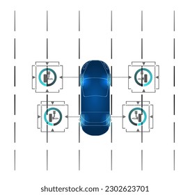 Sistema de control de trabajo de suspensión de conducción sin asistencia del conductor. Conducción segura. Vector Interfaz de usuario de coche futurista HUD UI Holograma del coche, escaneo. Resumen de la interfaz de usuario táctil gráfico virtual