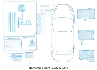 Fahrwerkssteuerungssystem ohne Fahrerunterstützung. Sicheres Fahren. Vector Futuristic Auto-Benutzeroberfläche HUD UI Hologramm des Autos, Scannen. Abstrakte virtuelle grafische Touch-Benutzeroberfläche