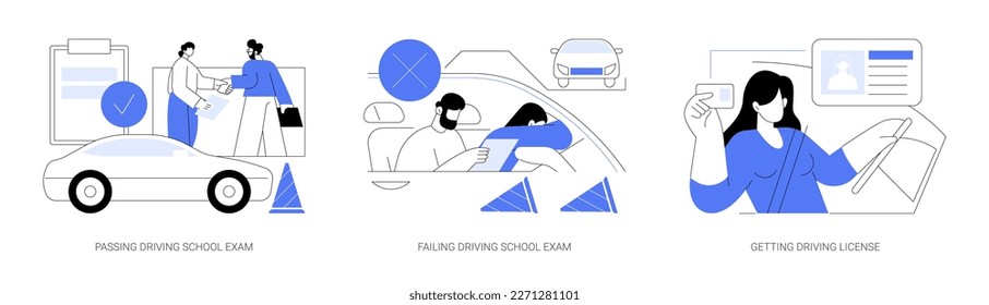 Driving test abstract concept vector illustration set. Successful passing driving school exam, sad driver failing test, steering wheel, getting license, car driver scorecard abstract metaphor.