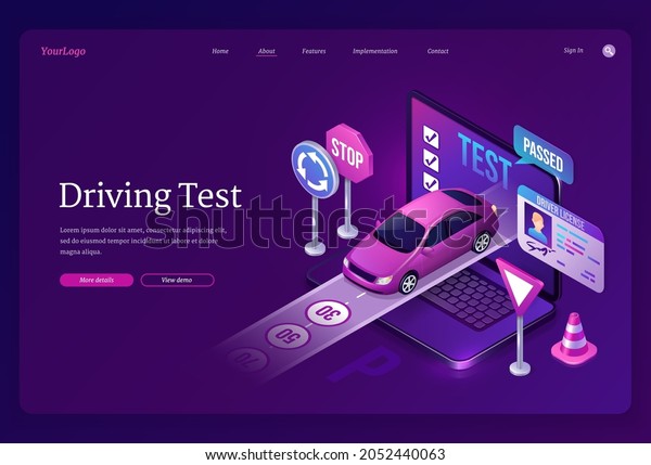 Driving test banner. Education in driver school,\
online quiz and pass exam. Vector landing page with isometric\
illustration of laptop with test, car on road, traffic cone, signs\
and id card