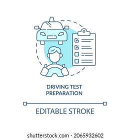 Driving Test Preparation Blue Concept Icon. Driving School Benefits Abstract Idea Thin Line Illustration. Road And Theory Exam. Drivers License. Vector Isolated Outline Color Drawing. Editable Stroke