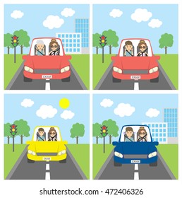 Driving test set. Funny set with driving test situations with instructor man and student woman. Driving education.