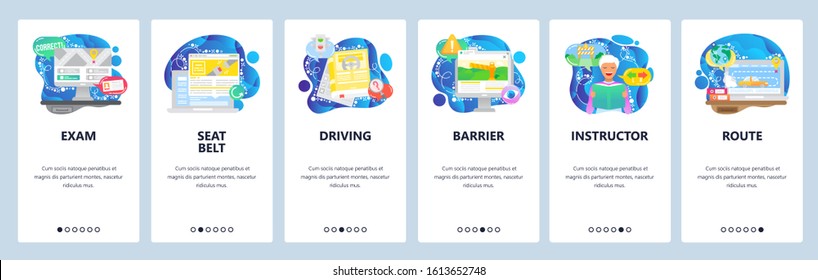 Driving test, studying to get driving license, road rules book. Mobile app onboarding screens. Menu vector banner template for website and mobile development. Web site design flat illustration.