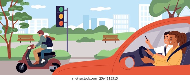 Driving test. Woman student drives training car with instructor around city. Traffic rules examination. People obtaining drivers license. Automobile parking exam. Garish