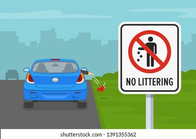 Driving tips and rules. Car passenger throwing an empty glass on road. No littering sign. Flat vector illustration template.