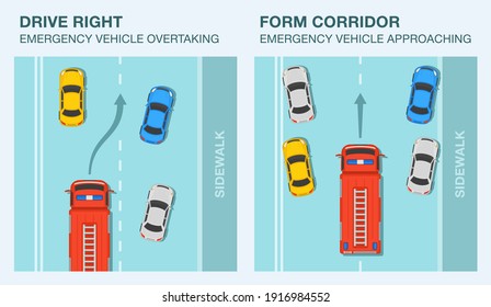 Driving tips and rules. Drive right, form corridor when emergency vehicle is approaching. Flat vector illustration infographic template.