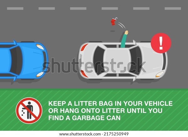 Driving tips and rules. Driver throws out a\
used plastic cup on the ground from the front open window. Keep a\
litter bag in your vehicle. Top view of city road. Flat vector\
illustration template.