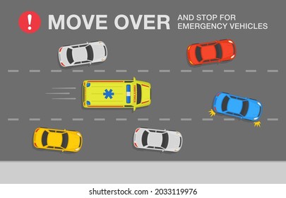 Driving tips and rules. Move over and stop for emergency vehicles. Police, fire truck or ambulance. Flat vector illustration infographic template.