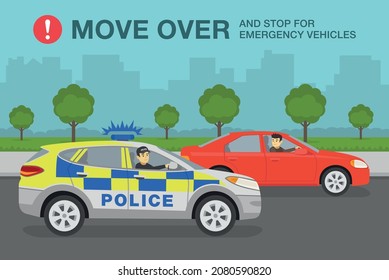 Driving tips and rules. Move over and stop for emergency vehicles. Red sedan car is moving over for police suv car. Flat vector illustration template.