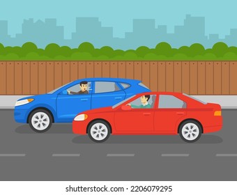 Driving tips and traffic regulation. Aggressive male driver yelling at other driver on road. Road rage scene. Flat vector illustration template.
