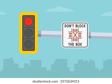 Driving tips and traffic regulation. Close-up view of a traffic light with red signal and "don't block the box" road sign. Flat vector illustration template.