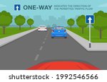 Driving tips and traffic regulation rules. One-way road or traffic sign indicates the direction of the permitted traffic flow. Flat vector illustration template.