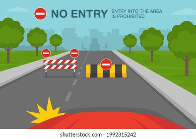 Driving tips and traffic regulation rules. Closed city road with transportable variable message sign. No entry road or traffic sign meaning. Flat vector illustration template.