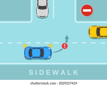 Driving tips and traffic regulation rules. Blue sedan car is about to turn on the road. No entry traffic or road sign rule. Flat vector illustration template.