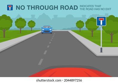 Driving tips and traffic regulation rules. The meaning of dead end road or traffic sign. No through road indicates that the road has no exit. View from inside of car. Flat vector illustration. svg