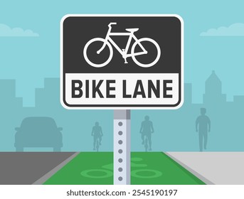 Driving tips and traffic regulation rules. Close-up of a "bike lane" traffic sign. Beginning of the dedicated bicycle lane. Flat vector illustration template.