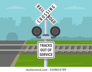 Dicas de condução e regras de regulação de tráfego. Close de uma "travessia de ferrovia" e "trilhas fora de serviço" sinal de estrada. A passagem de nível não está em uso. Modelo de ilustração de vetor plano.