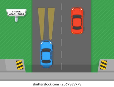 Driving tips and traffic regulation rules. Top view of a traffic flow exiting the tunnel. Check headlights sign. One car travels with headlights on, another turned it off. Flat vector illustration.