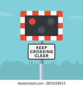 Driving tips and traffic regulation rules. Close-up of a british level crossing warning light and 