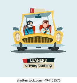 Driving Training Courses Practice Instructor With Student In Car Flat Vector Illustration