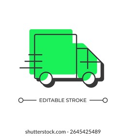 Driving truck offset shadow line icon. Products delivery service. Lorry with cargo trailer. Transportation. Bold outline symbol with solid green fill. Modern flat illustration. Editable stroke