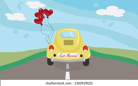 Driving a vintage  car for honeymoon with just married. Flat style vector illustration. - Vector