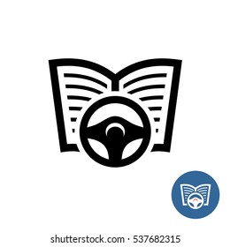 Driving wheel with open book icon. Traffic laws guide concept.