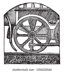 Rueda de conducción que comunica el movimiento de la rueda de una locomotora que se adhiere a la pista, al dibujo de la línea vintage o a la ilustración de grabado.