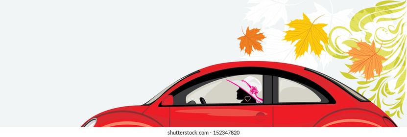 Driving woman a red car on the abstract background with maple leaves. Vector