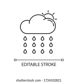 Drizzle Pixel perfekte Linearsymbol. Regenzeit, Sommerregen, Meteorologie dünne Linie anpassbare Illustration. Contour-Symbol. Sonne hinter Regenwolke, einzelne Umrisszeichnung. Bearbeitbarer Hub