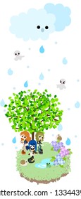 It is drizzling. Let's take shelter under the tree with a frog and snails.