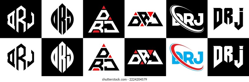 Diseño del logo de la carta DRJ en seis estilos. Polígono DRJ, círculo, triángulo, hexágono, de estilo plano y sencillo con el logotipo de la letra de variación en color blanco y negro en un tablero. Logo minimalista y clásico de DRJ