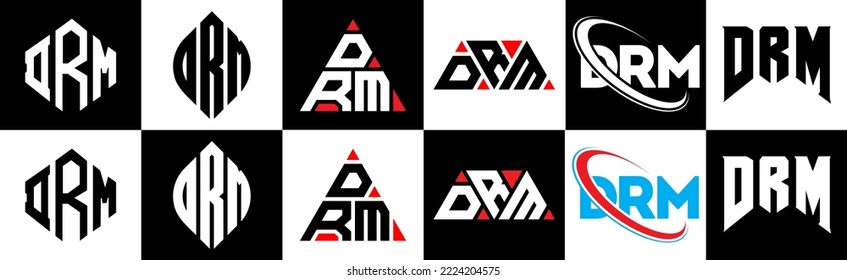 DRM letter logo design in six style. DRM polygon, circle, triangle, hexagon, flat and simple style with black and white color variation letter logo set in one artboard. DRM minimalist and classic logo