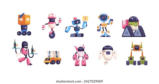 Droid characters. Cartoon game robots, cyber monster space android retro or futuristic robot mascot, robotics service army future technology, ai toy vector illustration of robot game, droid character