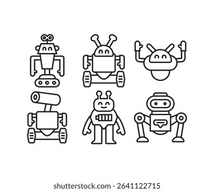 droid and humanoid robot line icons set