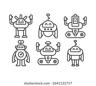 droid and humanoid robot line icons set