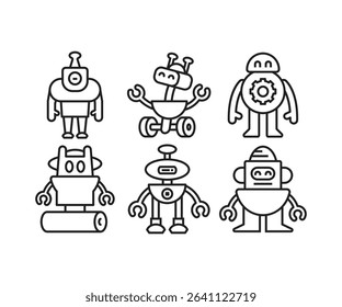 droid and humanoid robot line icons set