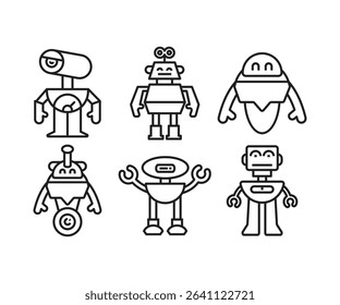 droid and humanoid robot line icons set