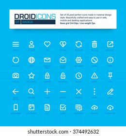 DROID ICONS. Set of 35 flat line art vector icons made in material design style. Easy to use in web, mobile and desktop applications. E-commerce theme.