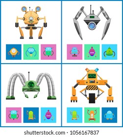 Droids four vector illustrations, colorful posters, white backdrops, squares with droids icons, futuristic machines set, curved legs, various displays