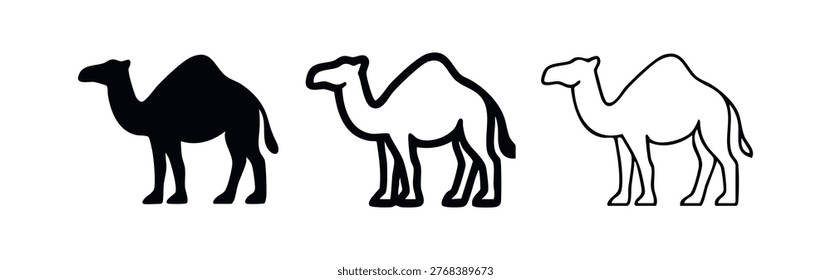 Dromedary camel icon set in different styles.