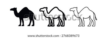 Dromedary camel icon set in different styles.