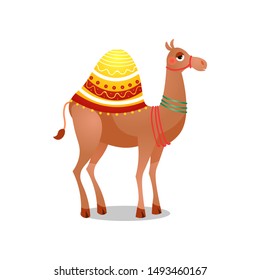 Dromedary camel with a saddle. Raster illustration in flat cartoon style on white background.