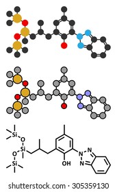 Drometrizole trisiloxane sunscreen molecule (UV filter). Stylized 2D renderings and conventional skeletal formula.