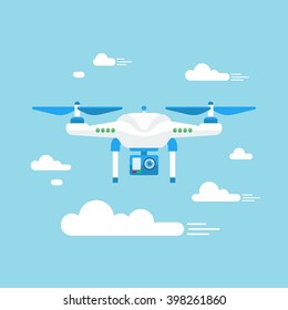 Dron, UAV quadcopter en las nubes. Ilustración, estilo plano.