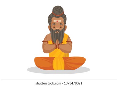 Dronacharya is doing meditation. Vector graphic illustration. Individually on a white background.