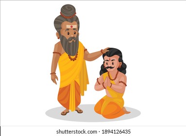 Dronacharya is giving blessings to his student Arjun. Vector graphic illustration. Individually on a white background.